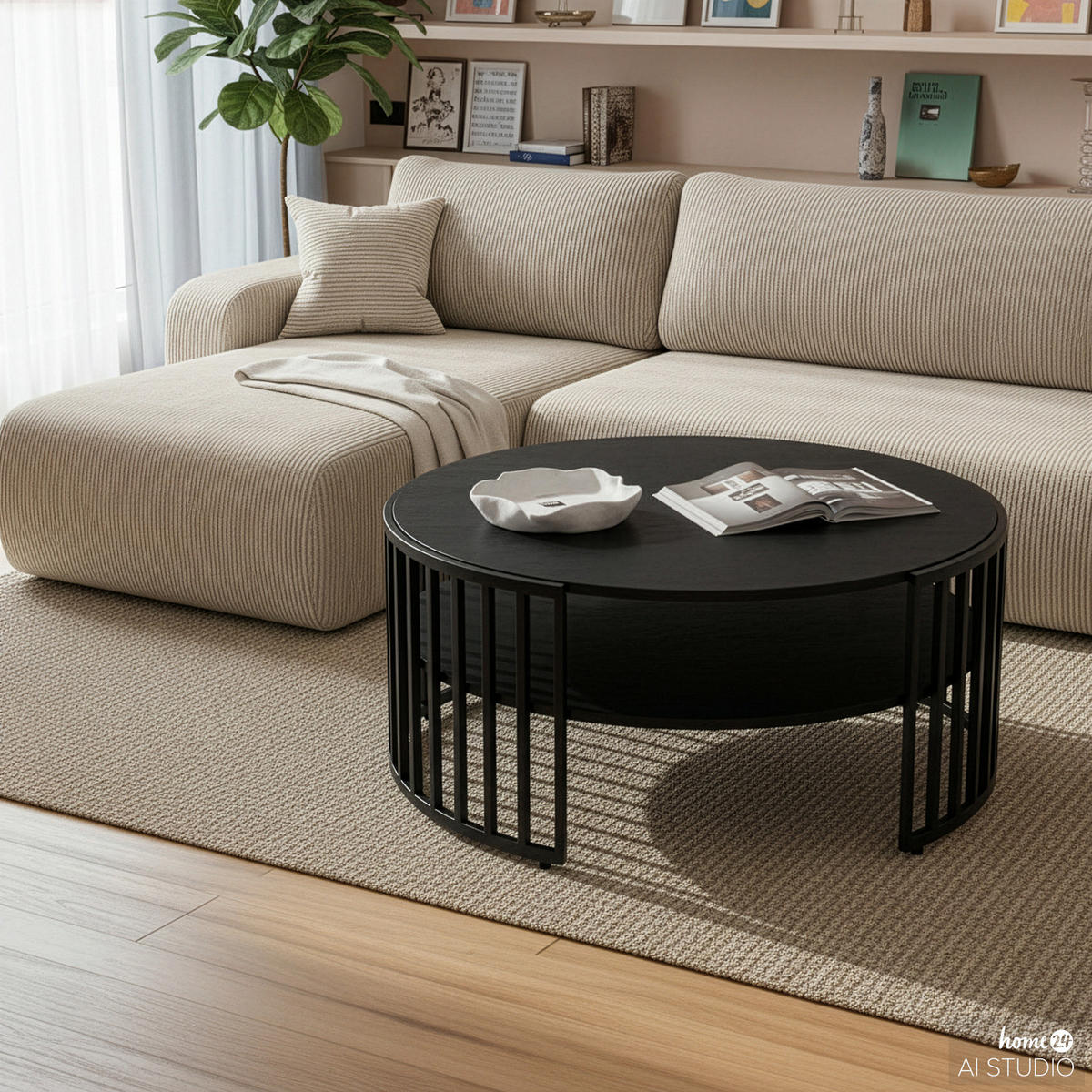 HOME24 Couchtisch Allumnu - Eichefarben/Schwarz, Holzwerkstoff/Metall (77/77/41cm) - home24