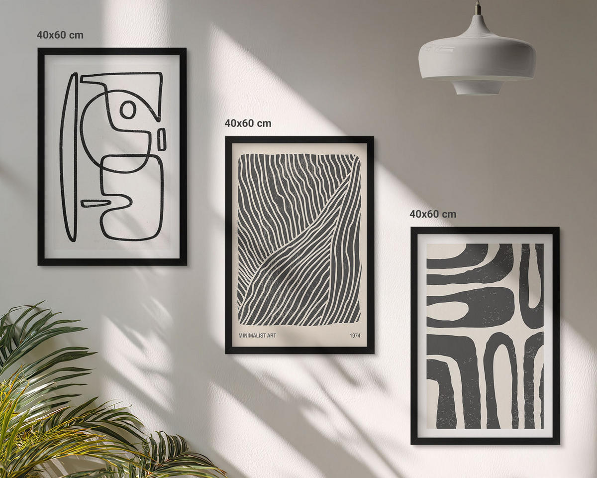 BILDER SET 3er Set - 40x60 cm Schwarzer Rahmen - Abstrakte Muster, Linien, Texturen - Schwarz, Kunststoff (40/60cm) - TULUP