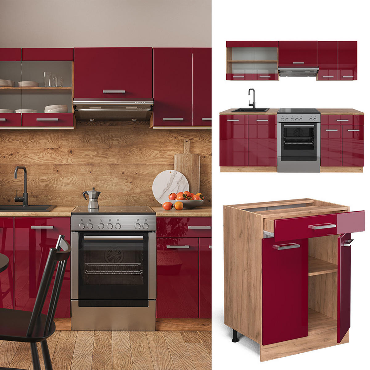 KÜCHENZEILE R-Line Rot Hochglanz/Goldkraft Eiche 200 cm AP Marmor - Rot/Eiche Wotan, Holzwerkstoff (200/81.6/60cm) - Vicco
