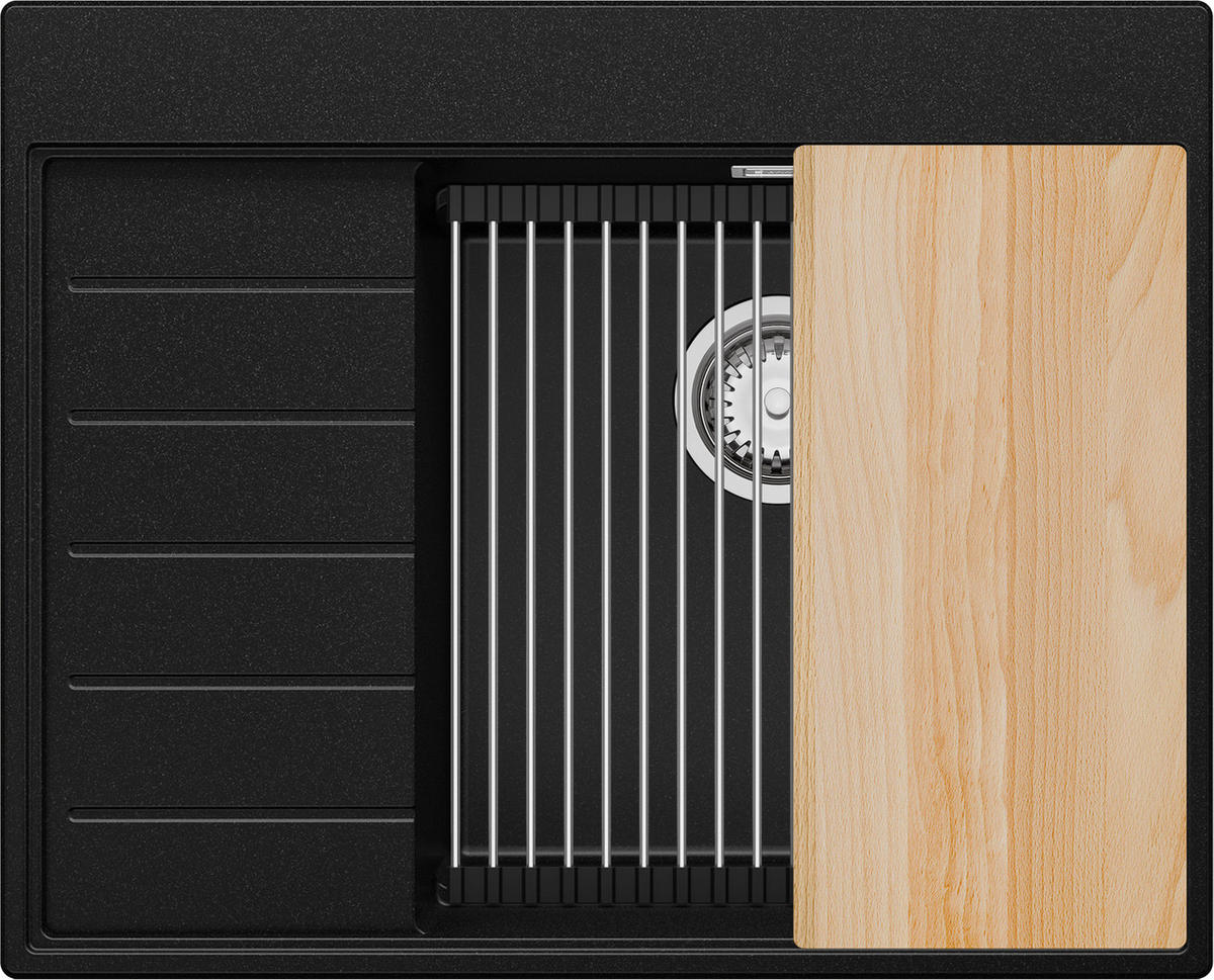 SPÜLBECKEN Sydney, 2-er set Schwarz 62/50 cm 1 Becken + Ablauf-Set + Küchenzubehörset ab 45er Unterschrank - Chromfarben/Beige, Kunststoff (62/20/50cm) - Primagran