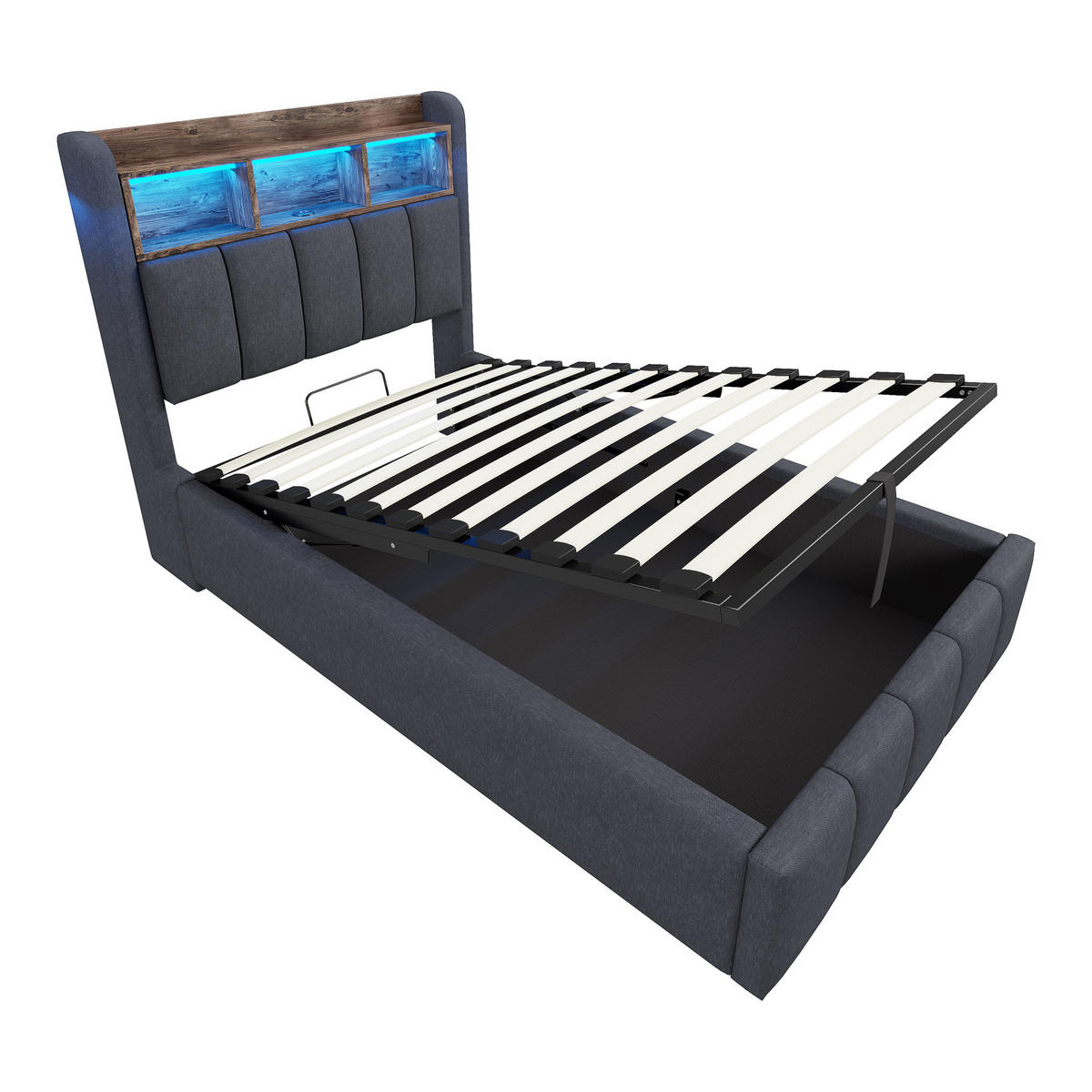 ČALÚNENÁ posteľ z ľanovej látky 90x200 cm sivá s LED osvetlením, USB-C a hydraulickým úložným priestorom - sivá, textil (90/200cm) - Modfu
