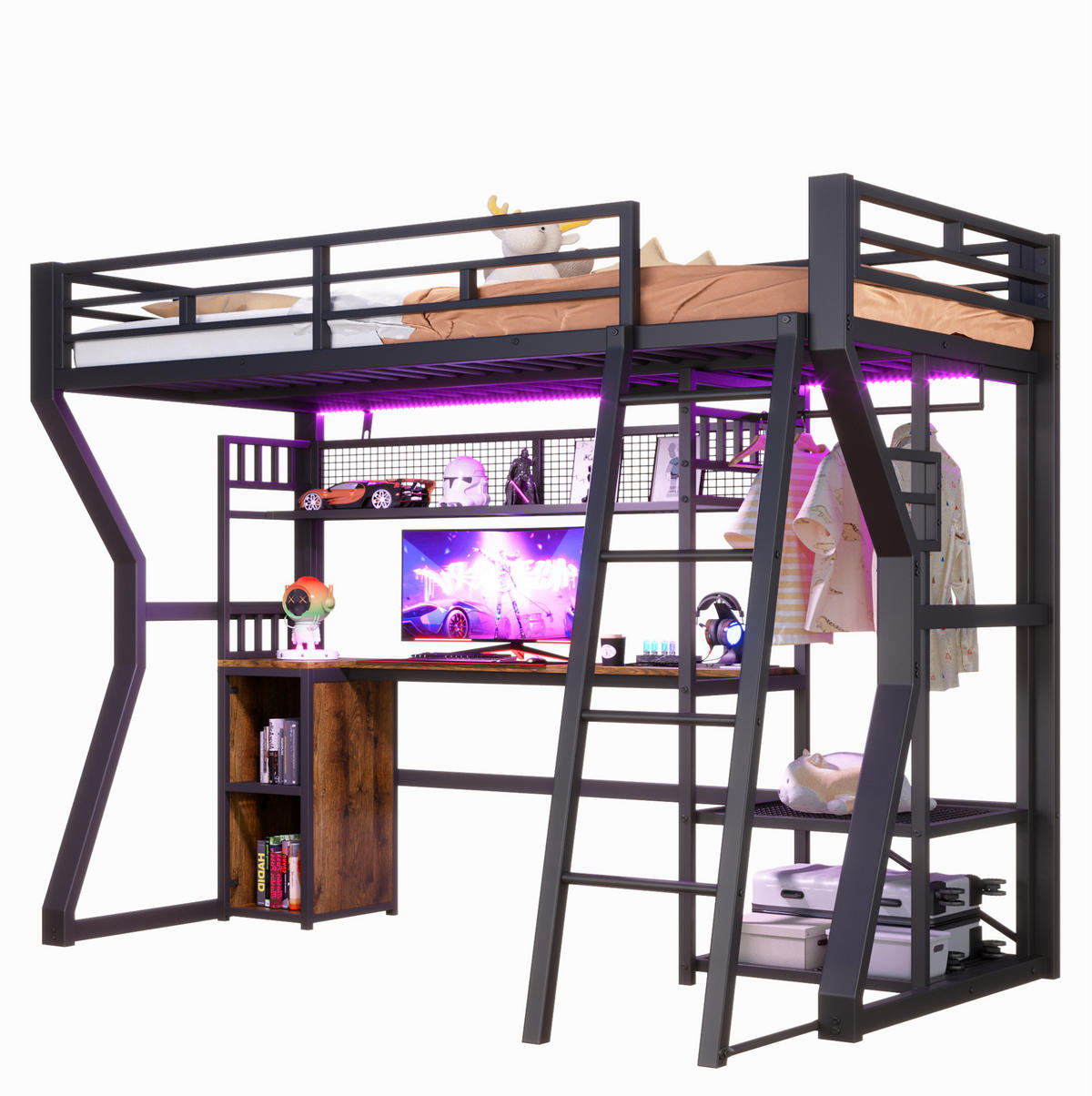 HOCHBETT 90/200 cm aus Metall und MDF mit Schreibtisch, Lichtleiste und Kleiderstange Schwarz - Schwarz, Holzwerkstoff (90/200cm) - Modenvie
