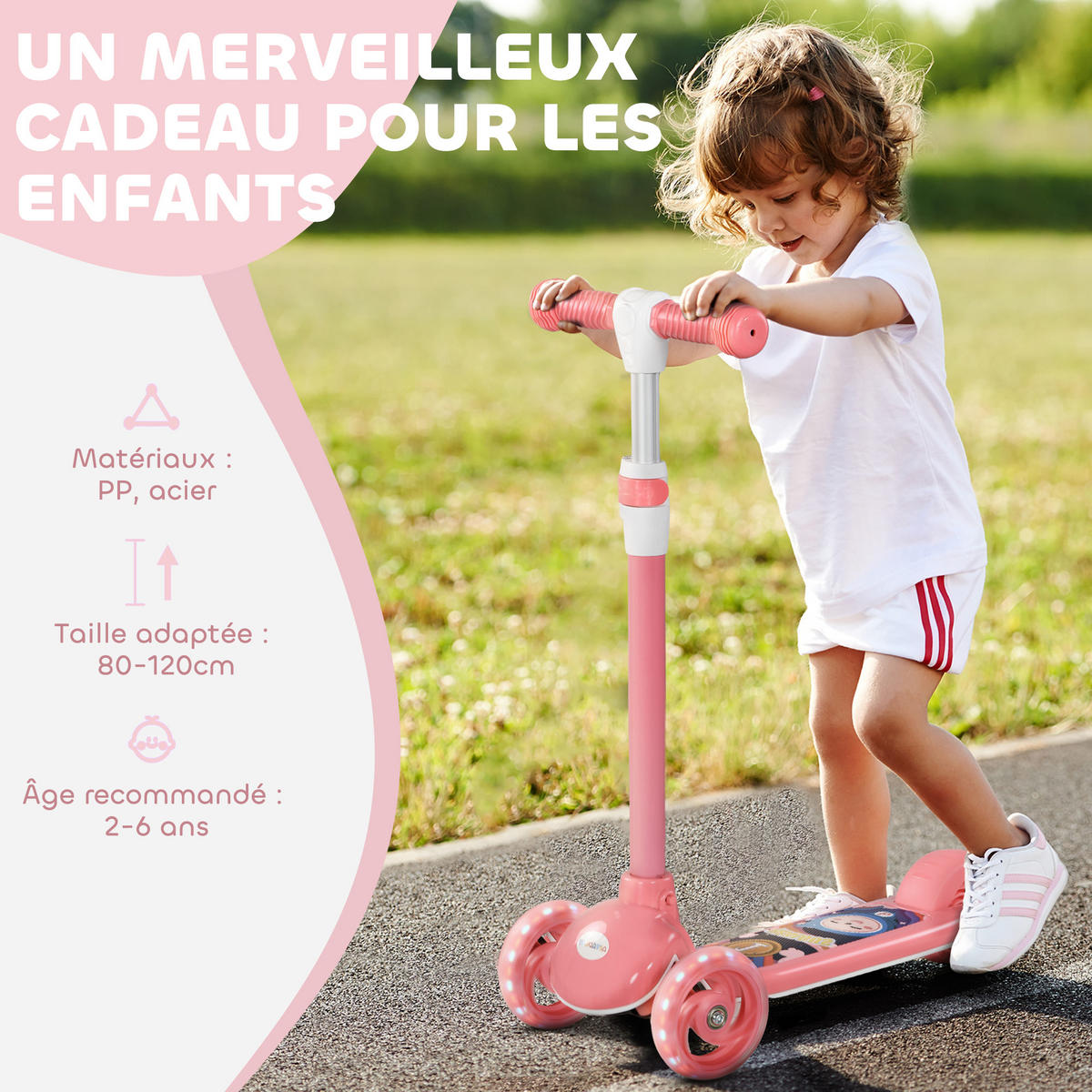 KINDERSCOOTER DE-16956 3 Räder mit LED-Leuchten Rosa - Pink, Kunststoff (52/29/76cm) - ComfortXL