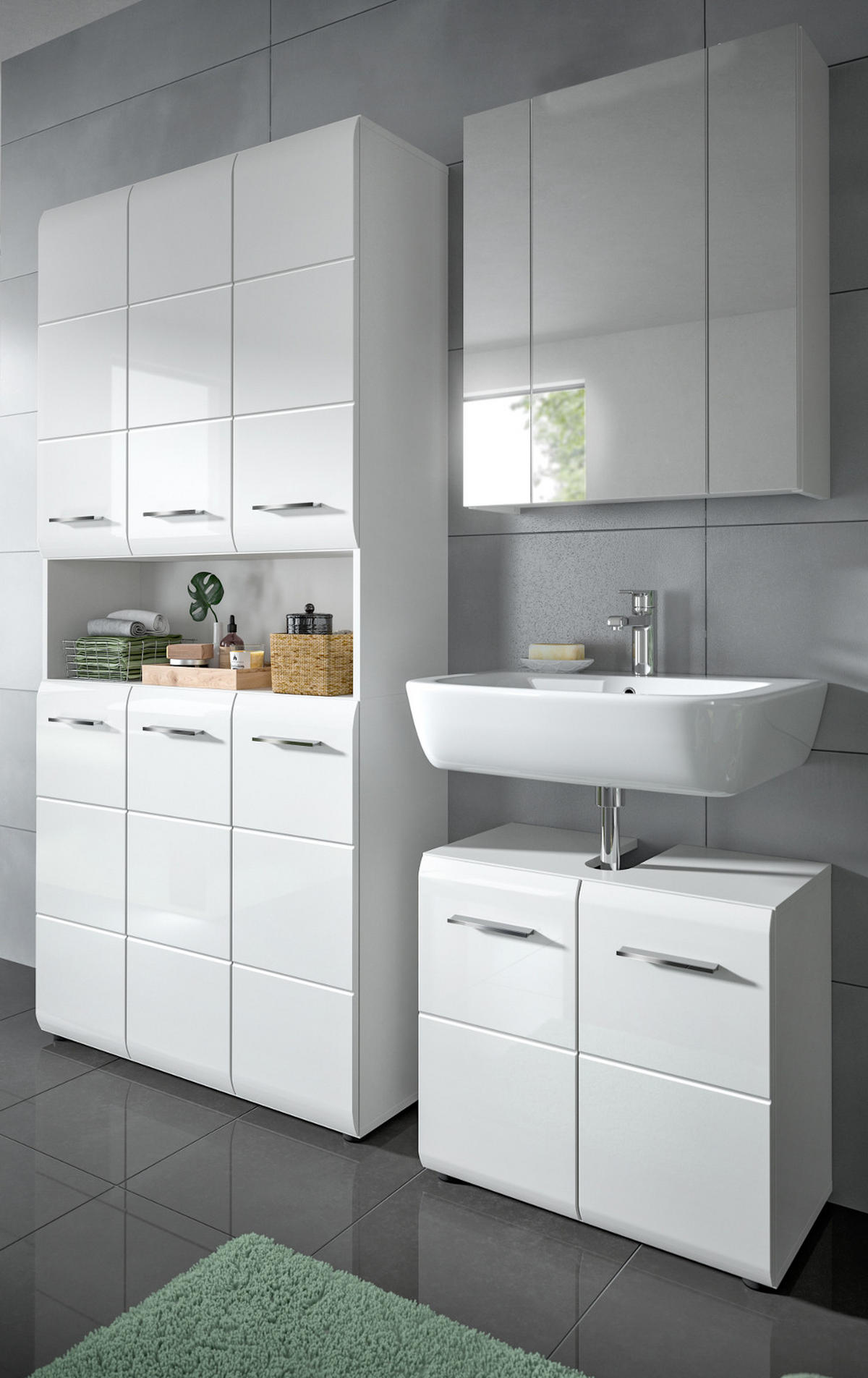 BADMÖBEL SET 3-teilig in weiß Hochglanz Badkombination 165 x 185 cm Cover - Weiß Hochglanz/Silberfarben, Holzwerkstoff/Kunststoff (165/185/30cm) - Inn.Furn