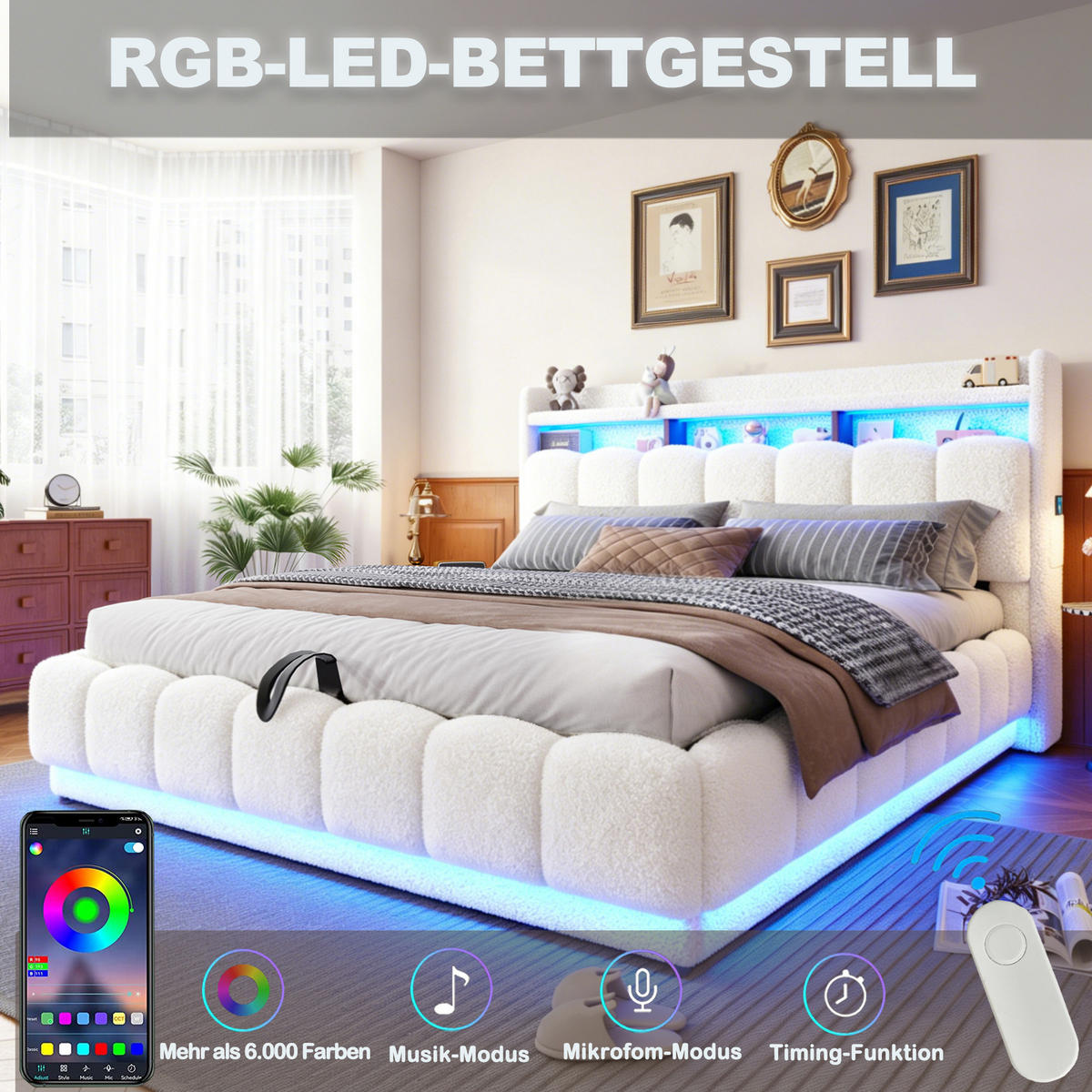 POLSTERBETT 180/200 cm in Weiß mit Bettkasten, LED, USB und Steckdose aus Boucle - Weiß, Textil/Metall (180/200cm) - STILVORA