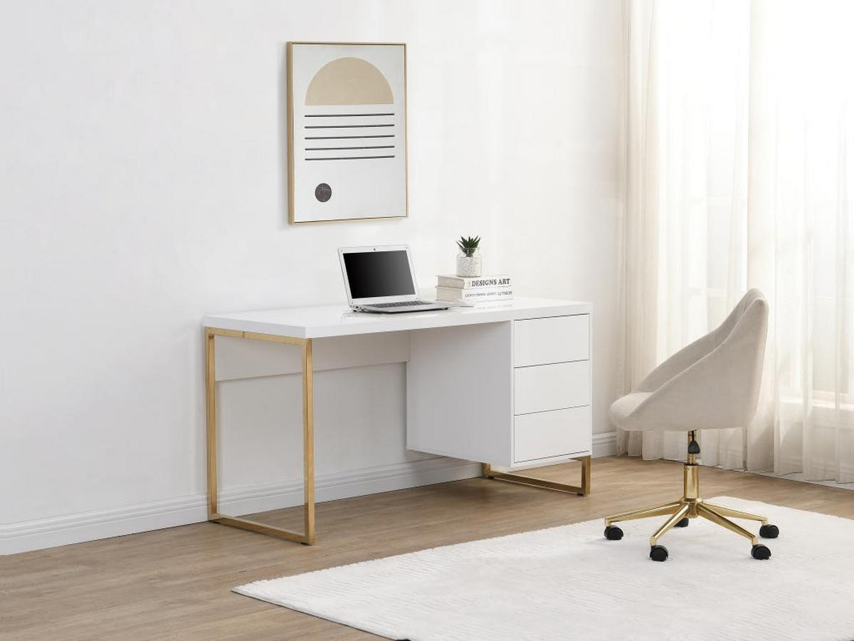 SCHREIBTISCH mit 3 Schubladen - MDF lackiert & Metall - Weiß & Goldfarben - TIMFIA - Weiß, Holz (140/60/75cm) - Pascal Morabito