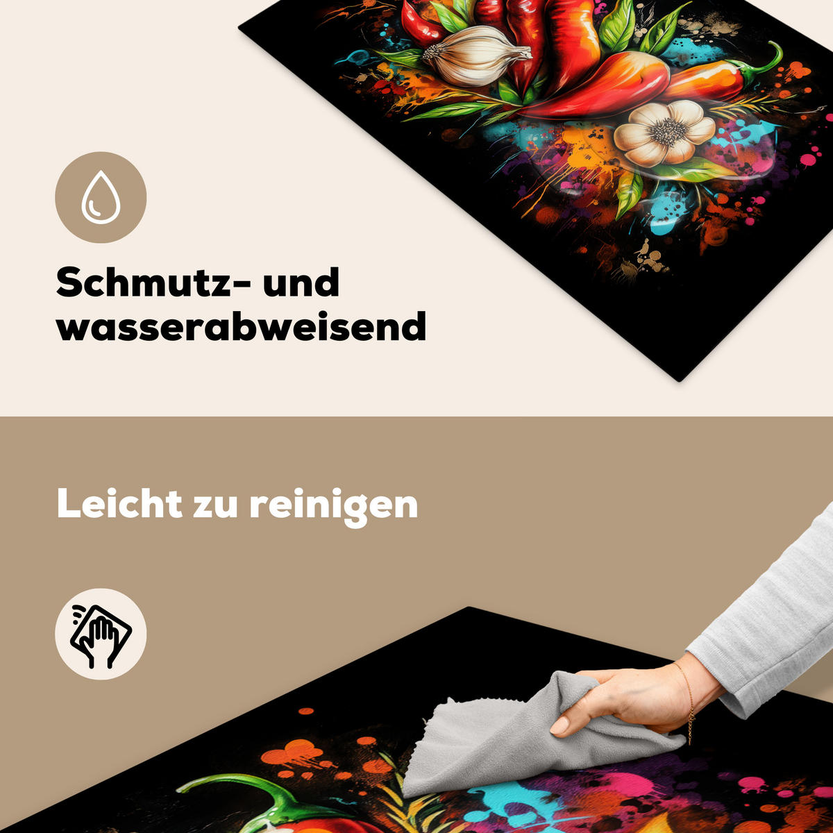 HERDABDECKPLATTE Gemüse - Paprika - Knoblauch - Graffiti - Farbe - Bunt 83x51 cm - Rot, Kunststoff (83/51.5/0.2cm) - MuchoWow