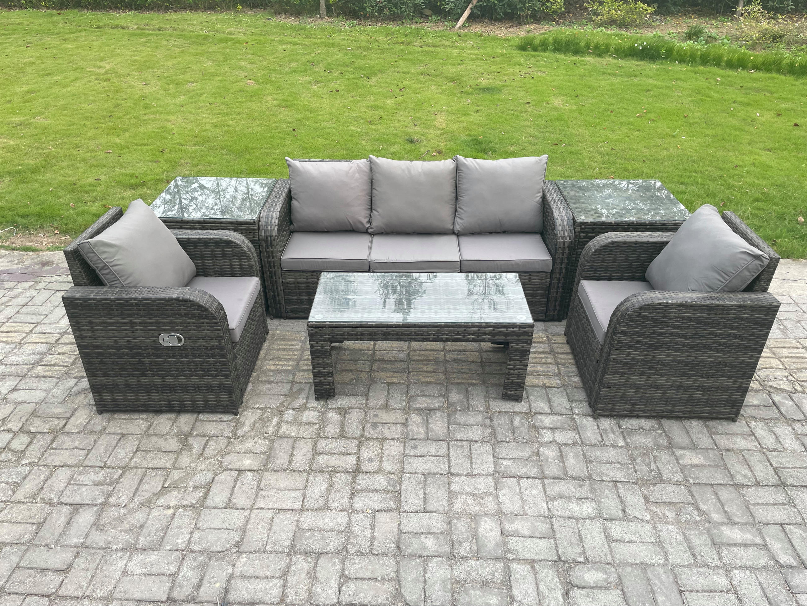 GARTENSOFA SET mit LIEGESTUHL Polyrattan 5-Sitzer Dunkelgrau - Dunkelgrau/Grau, Glas/Kunststoff - Fimous