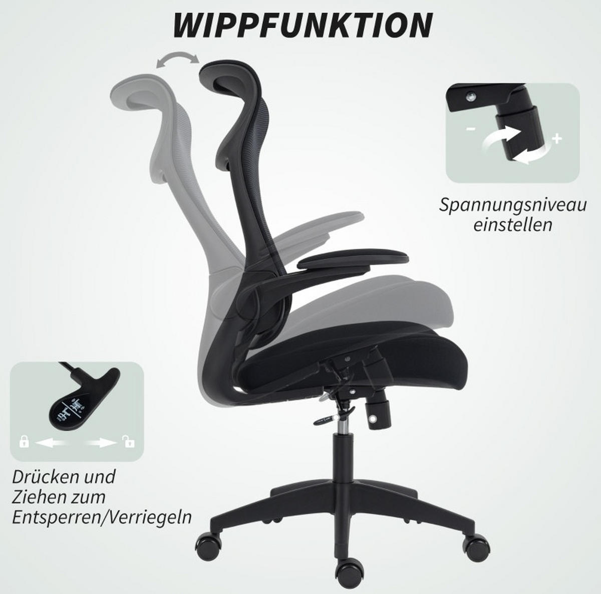 BÜROSTUHL ergonomisch höhenverstellbar Netzrücken Schwarz - Schwarz, Kunststoff (64/118/65cm) - Meubliv