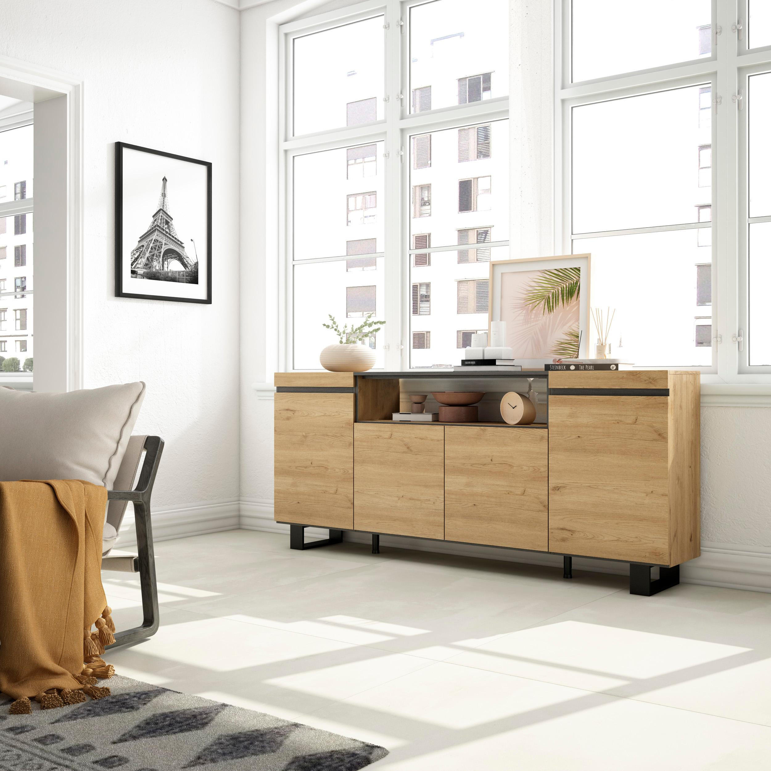 SIDEBOARD eiche, schwarz, 200/35/87cm - Multicolor, Holzwerkstoff (200/87/35cm) - Skraut Home