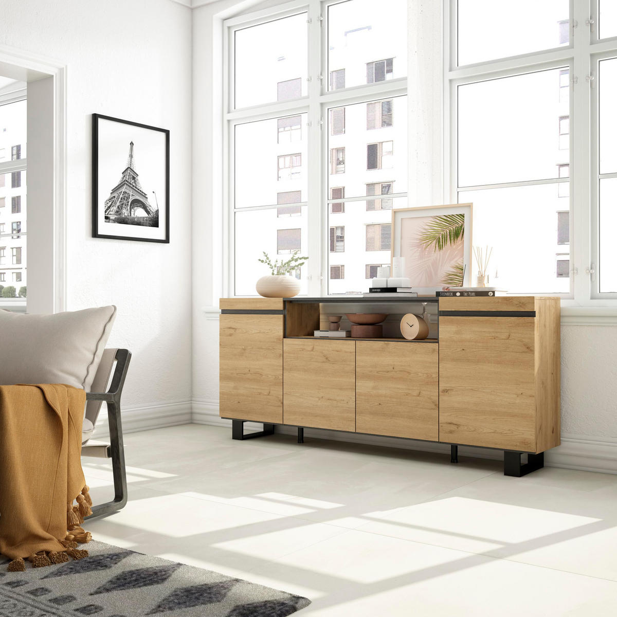 SIDEBOARD eiche, schwarz, 200/35/87cm - Multicolor, Holzwerkstoff (200/87/35cm) - Skraut Home
