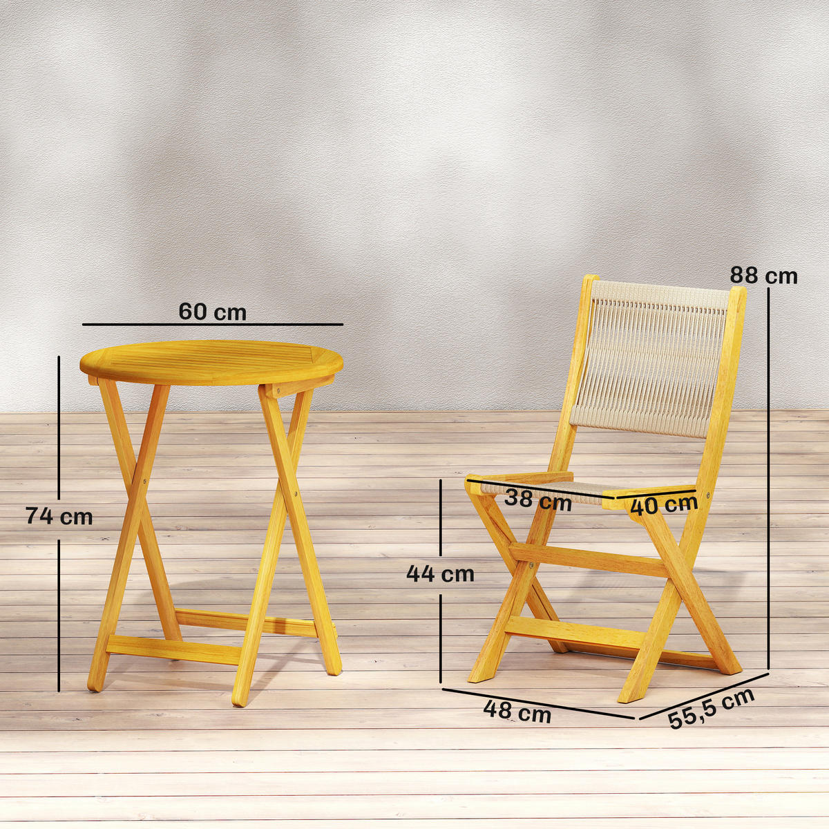 BALKONMÖBEL-SET 3er Set Akazienholz Kunststoff Naturholz - Naturfarben, Holz - Outsunny