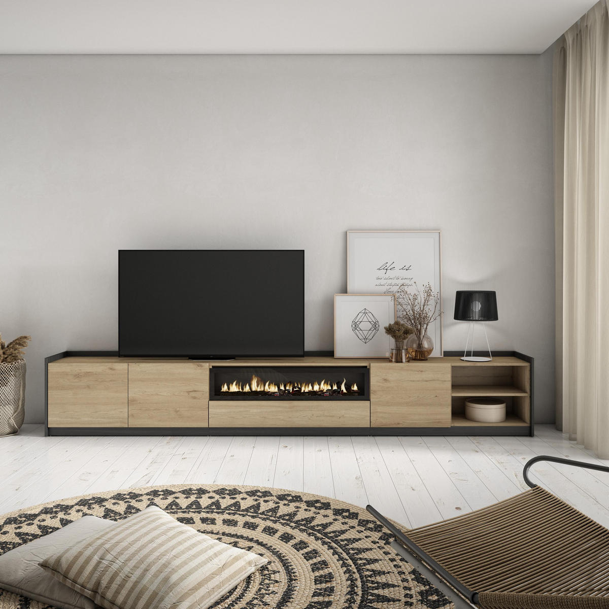 TV-SCHRANK, Lowboard, Eiche Schwarz, Elektrokamin, 310/37/50cm - Eichefarben, Holzwerkstoff (310/50/37cm) - Skraut Home