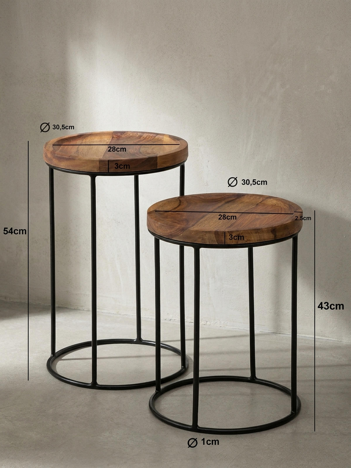 BEISTELLTISCH Set – Massivholz Metall Braun Schwarz 2-teilig Industrial - Schwarz/Braun, Holz/Metall (30/30/54cm) - KADIMA DESIGN