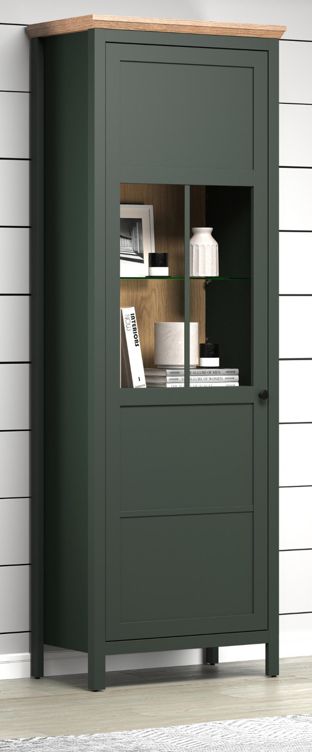 VITRINE grün, Evoke Eiche Landhaus 69 x 198 cm, Vitrinenschrank inklusive LED Beleuchtung - Eichefarben/Schwarz, Glas/Holzwerkstoff (69/198/39cm) - Top.Furn