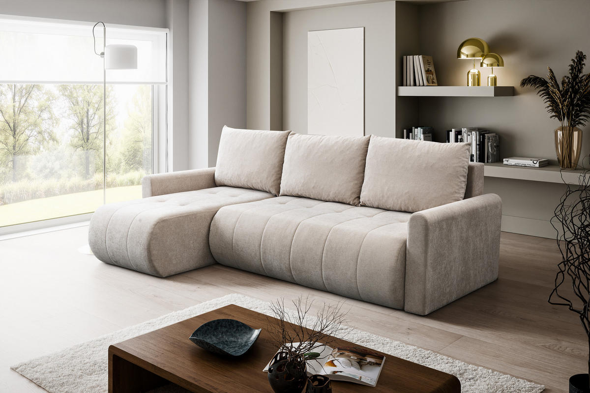ECKSOFA Primo mit Schlaffunktion und Bettkasten in Cordstoff - Creme/Schwarz, Holz/Holzwerkstoff (230/149cm) - Ravio