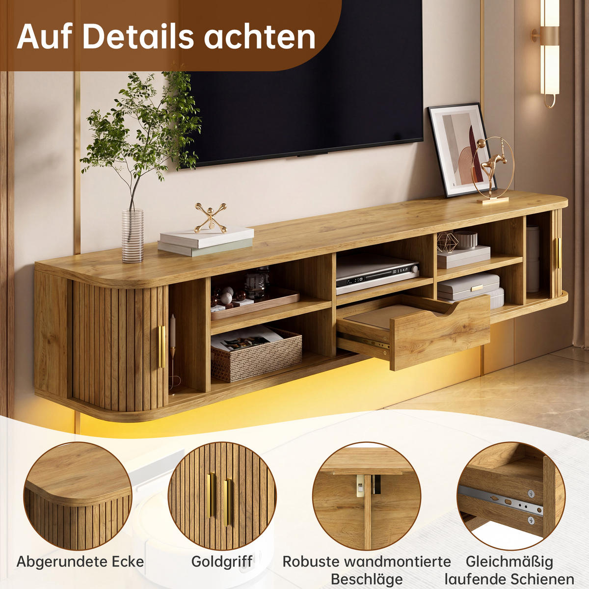 TV-BOARD Wandhängend MDF LED Rillenoptik Wohnzimmer - Naturfarben, Holzwerkstoff (175/30/30cm) - FLIEKS