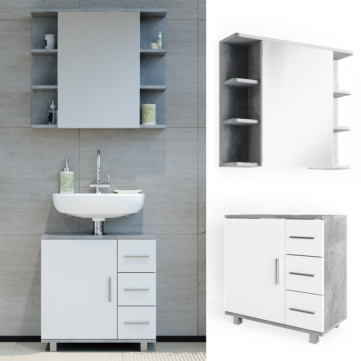 BADMÖBEL-SET Ilias Beton 2 Teile - Schieferfarben/Weiß, Holzwerkstoff (60/60.8/33cm) - Vicco