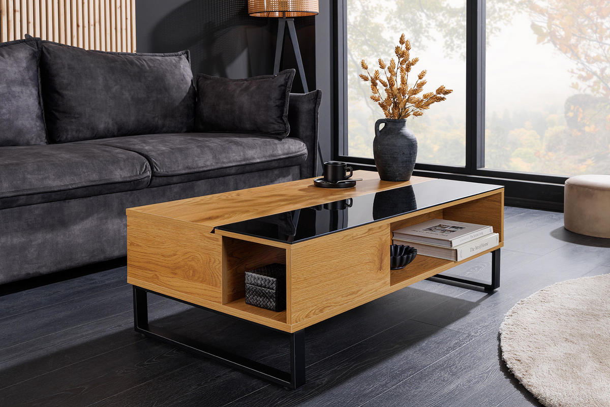COUCHTISCH APARTMENT Schichtholz Natur 110 cm - Hellbraun/Schwarz, Glas/Holzwerkstoff (60/110/35cm) - riess-ambiente