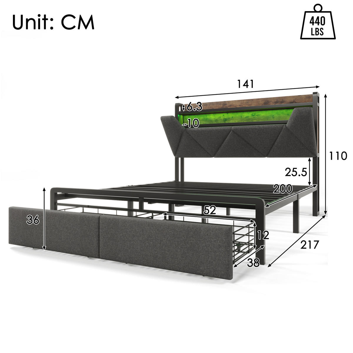 POLSTERBETT mit Stauraum und LED 140x200 cm Leinen Grau 2 Schubladen - Grau, Metall (140/200cm) - Meubliv