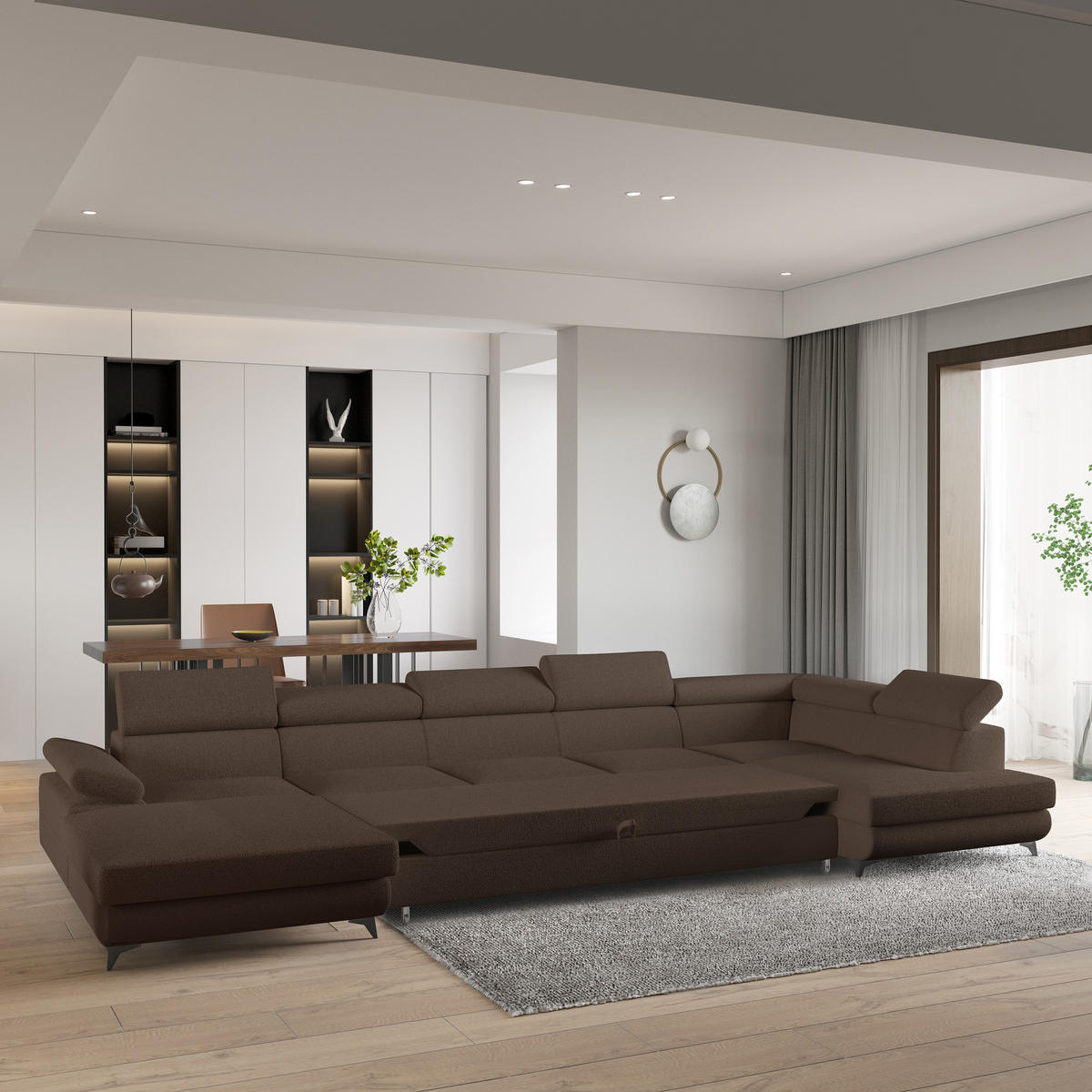 WOHNLANDSCHAFT MONTIVA Braun Boucle-Stoff mit Schlaffunktion - Braun, Holz (410/89/190cm) - MASSENO