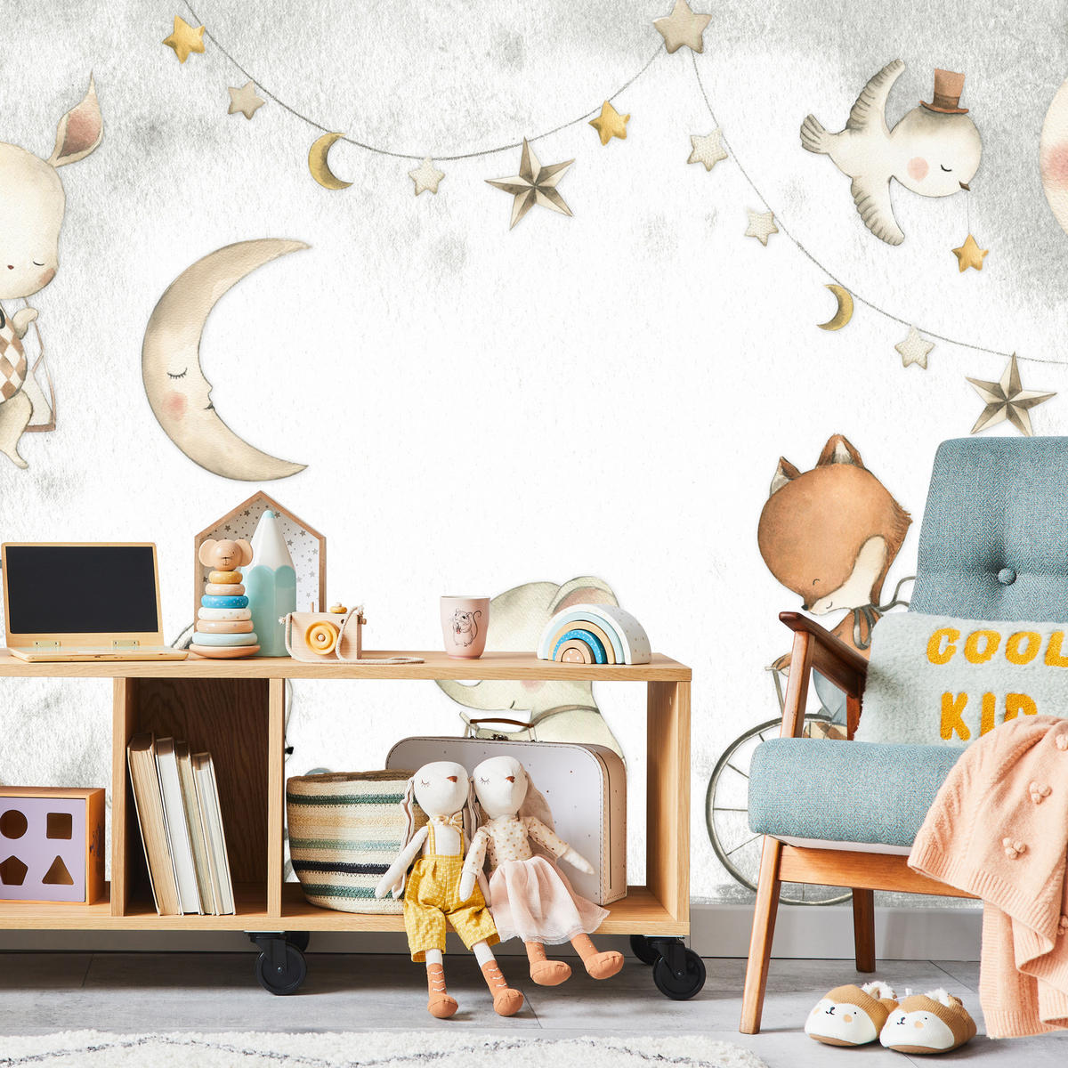 FOTOTAPETE für Kinderzimmer Zirkus Tiere Elefant Fuchs Monde Sterne 400x280 - Gelb/Beige, Papier (400/280cm) - Muralo