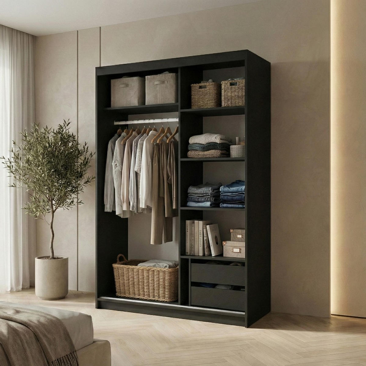 SCHWEBETÜRENSCHRANK Hela 100/205/60 2-türig schwarz mit Schubladen - Schwarz, Holzwerkstoff (100/205/60cm) - Beautysofa