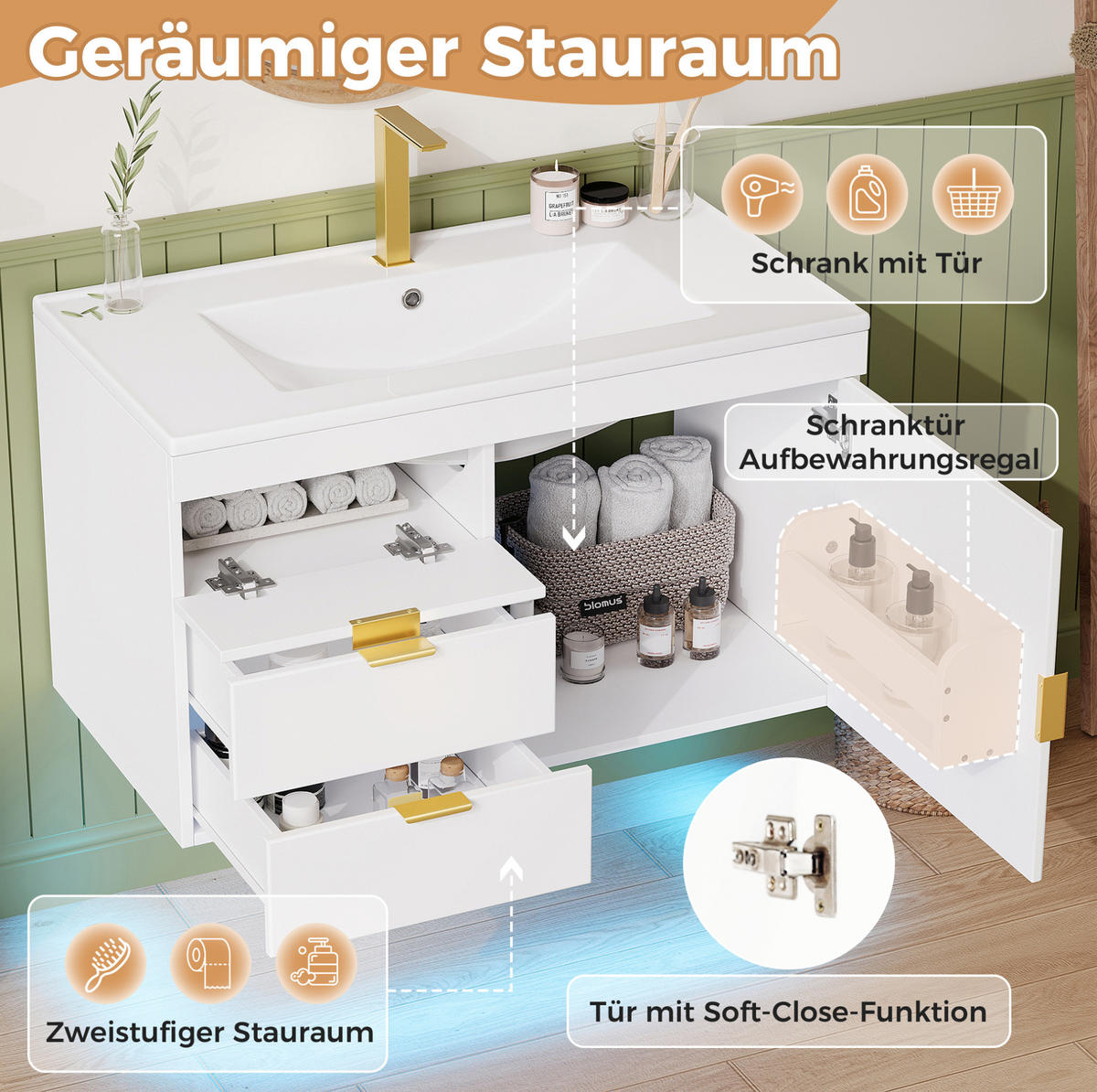BADEZIMMERSCHRANK MDF 76x46x51 cm Weiß mit LED-App-Steuerung, Keramikwaschbecken, Wandmontage - Weiß, Holzwerkstoff (76/51/46cm) - Modfu