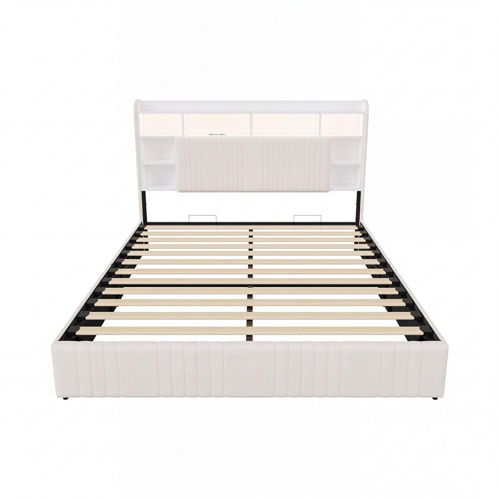 POLSTERBETT 140x200 cm mit LED-Beleuchtung - Kopfteil-Stauraum, Ladestation und hydraulischem Stauraum - Beige - Beige, Textil (140/200cm) - DELFA
