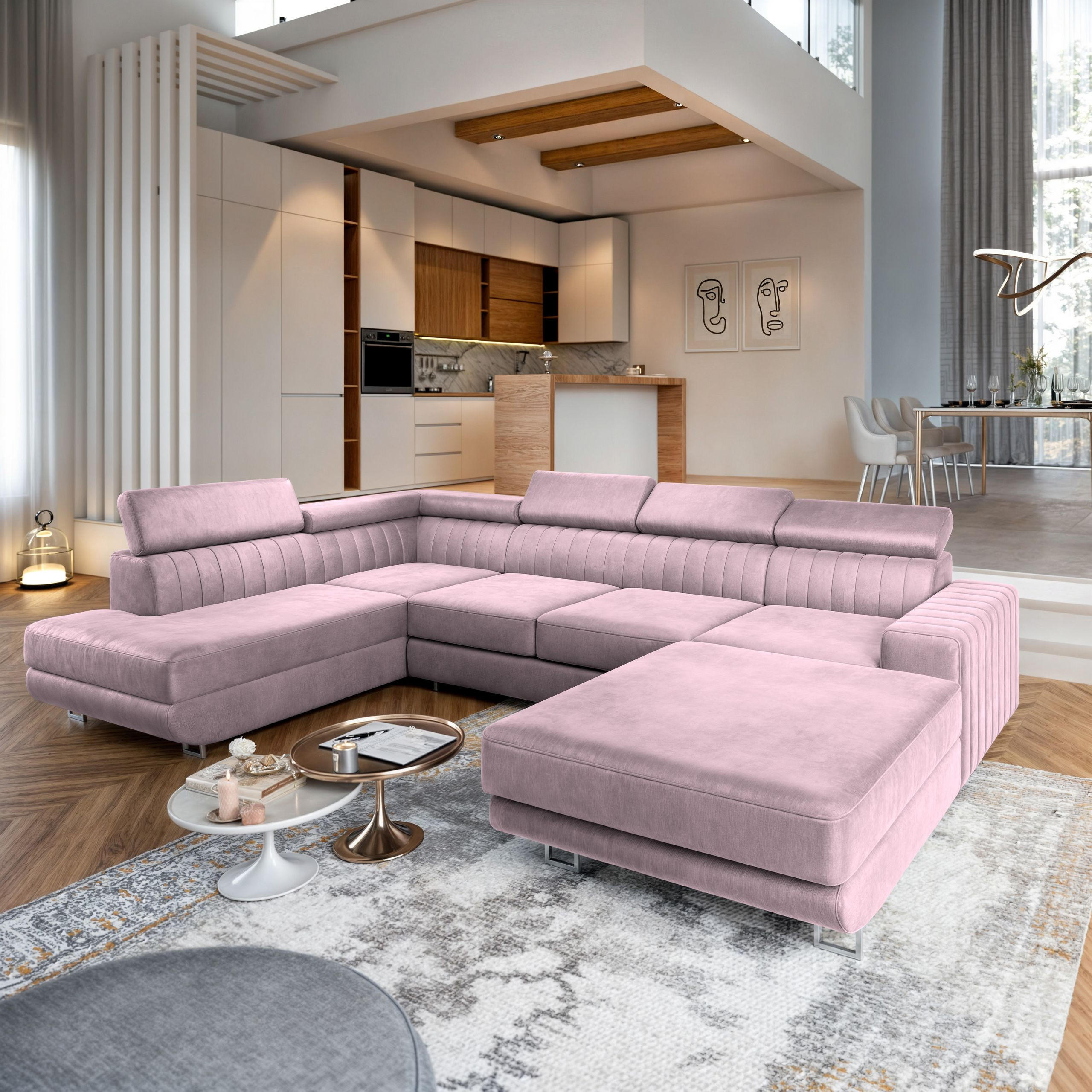 WOHNLANDSCHAFT SIENA L-S Lila Velours-Stoff mit Schlaffunktion - Lila, Holz (335/89/190cm) - MASSENO