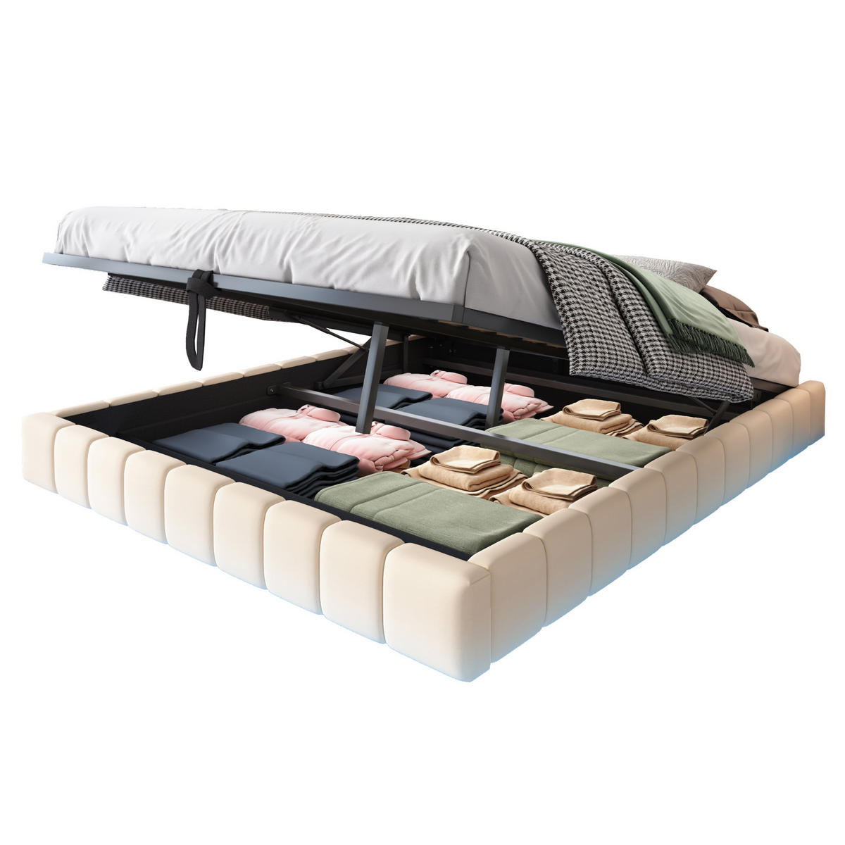 POLSTERBETT 160/200 cm Beige mit Stauraum und LED-Beleuchtung - Beige, Textil (160/200cm) - OKWISH