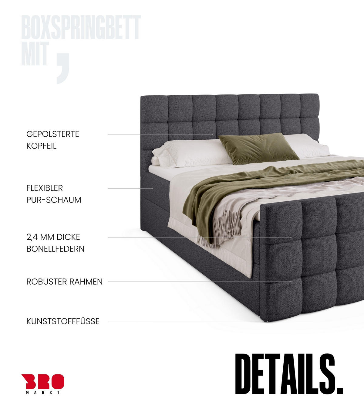 BOXBETT Dakota Duo mit Topper 140/200 Dunkelgrau - Dunkelgrau, Holz/Textil (140/200cm) - Bromarkt