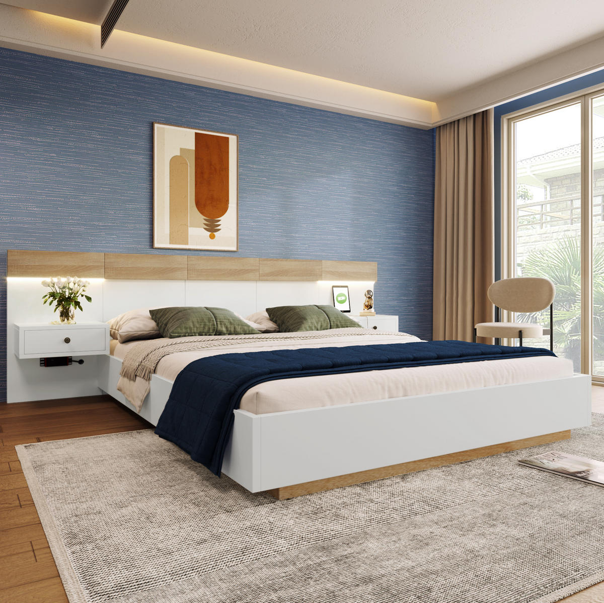 POLSTERBETT aus Holzwerkstoff 180x200 cm in Weiß mit USB/Typ-C & LED-Nachtkommoden - Weiß, Holzwerkstoff (180/200cm) - Modfu
