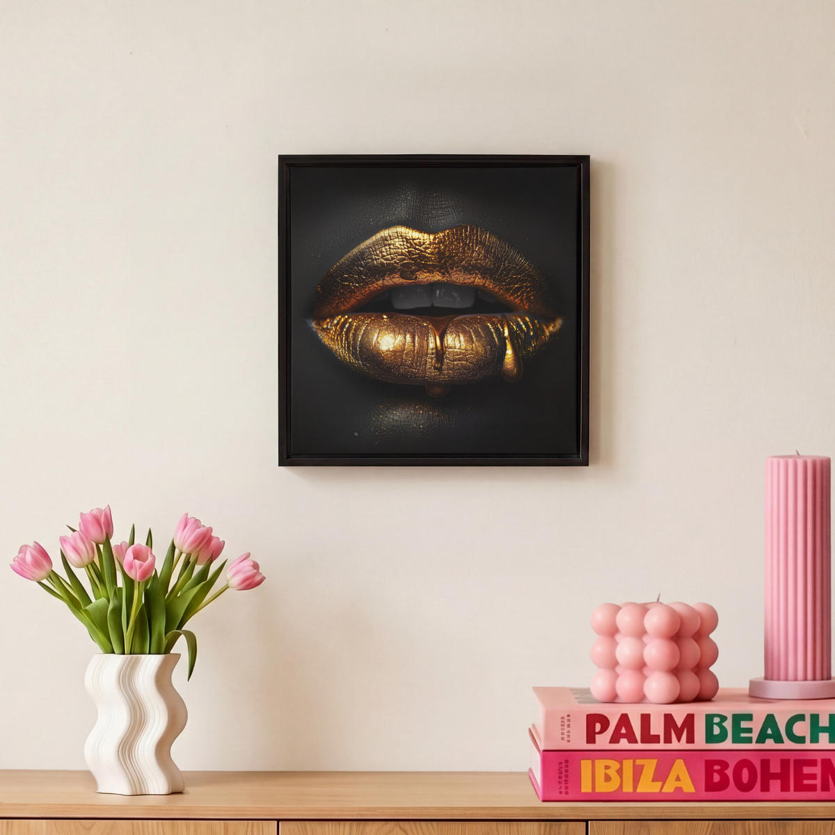 LEINWAND Bilder mit Rahmen - Frau - Porträt - Lippen - Gold - Schwarz - 20x20 - Schwarz, Textil (20/20cm) - MuchoWow