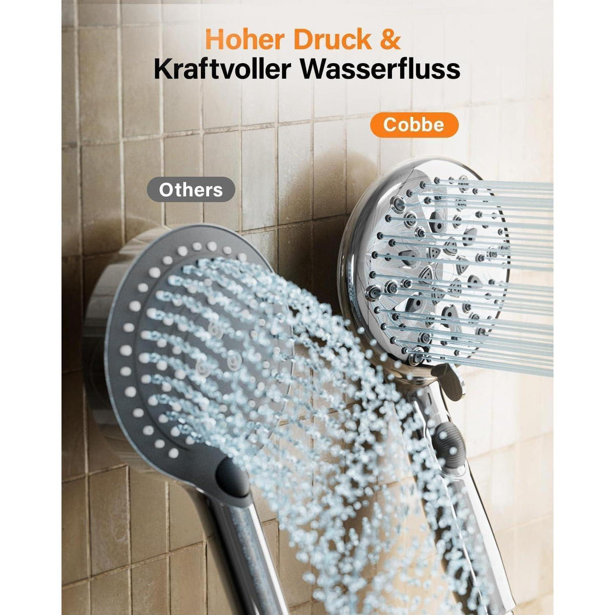 HANDBRAUSE Wassersparend mit Stoppfunktion und 7 Strahlarten - Silberfarben, Metall (13.3/12.7/29cm)