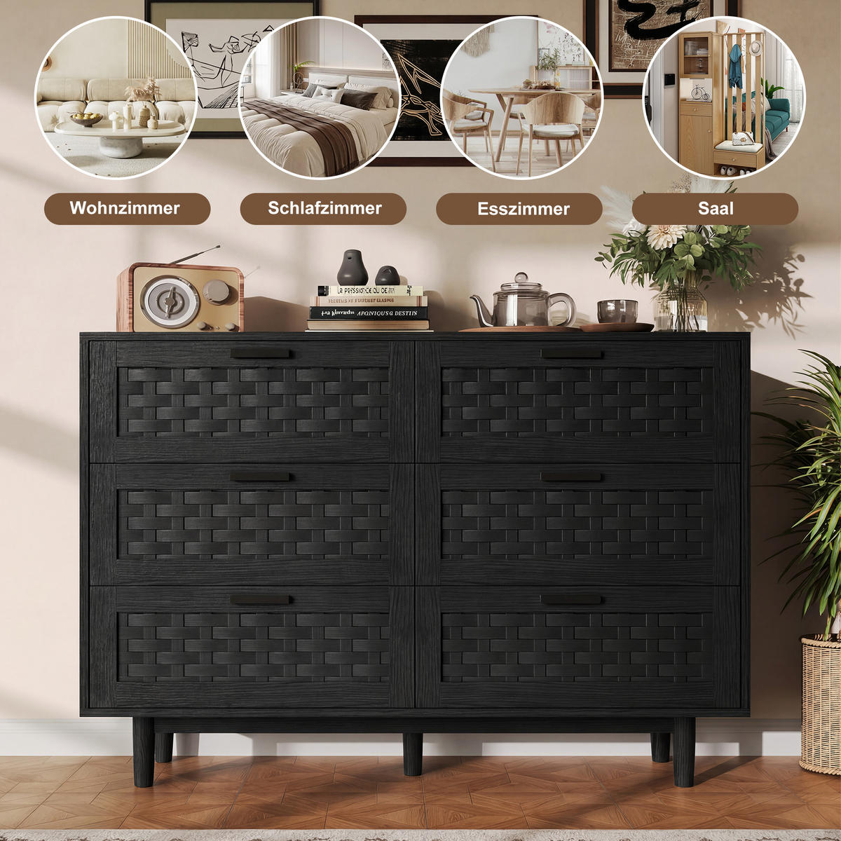 SIDEBOARD 115x40x80 cm Rattan 6 Schubladen schwarz - Schwarz, Holz (115/80/40cm) - LEBENLANG