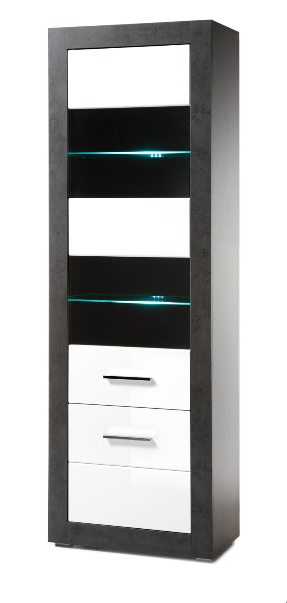 VITRINE weiß Hochglanz, grau Stone 65 cm, Vitrinenschrank Türanschlag wechselbar - Chromfarben/Weiß Hochglanz, Glas/Holzwerkstoff (65/198/35cm) - Furn.Design