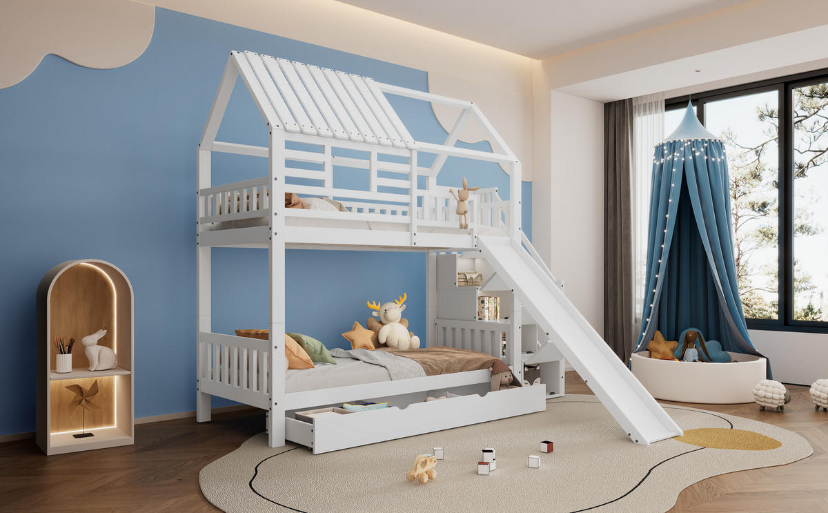 ETAGENBETT 90x200 cm Rutsche Treppe Schubladen - Weiß, Holz (90/200cm) - LEBENLANG