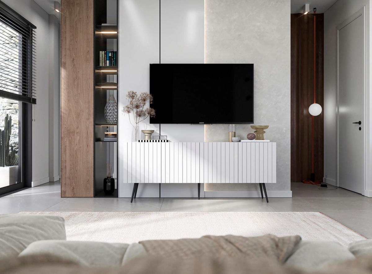 TV-SCHRANK Elpis Weiß Matt mit Metallbeine Glamour 150 cm - Schwarz/Weiß, Holzwerkstoff/Metall (150/60.5/36.5cm) - Meble Lindner
