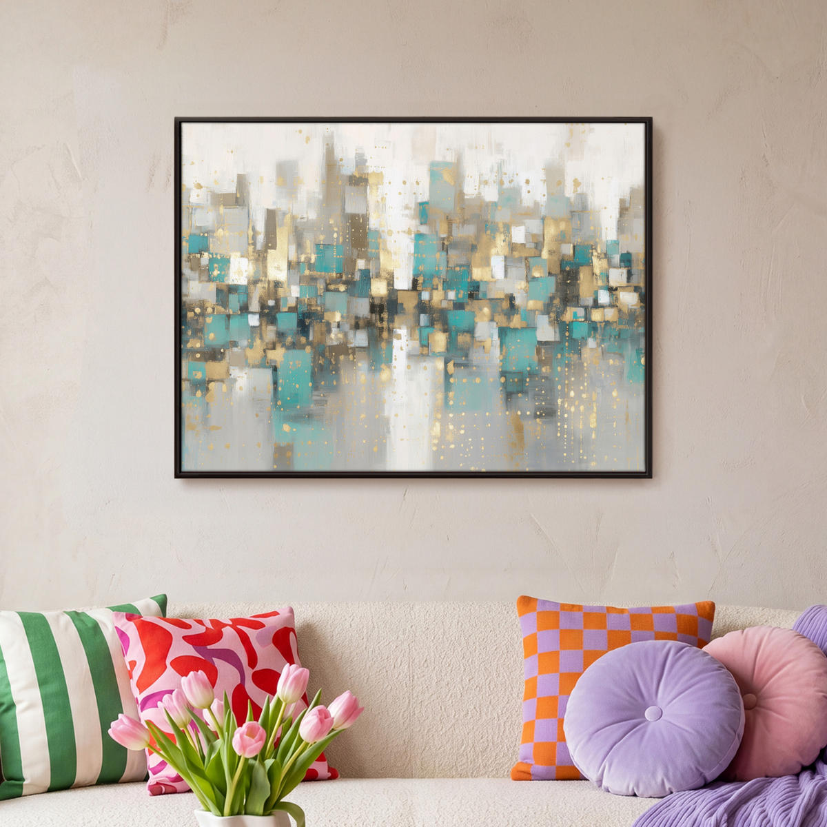 LEINWAND Bilder mit Rahmen - Abstrakt - Blöcke - Gold - Skyline - 80x60 - Beige, Textil (80/60cm) - MuchoWow