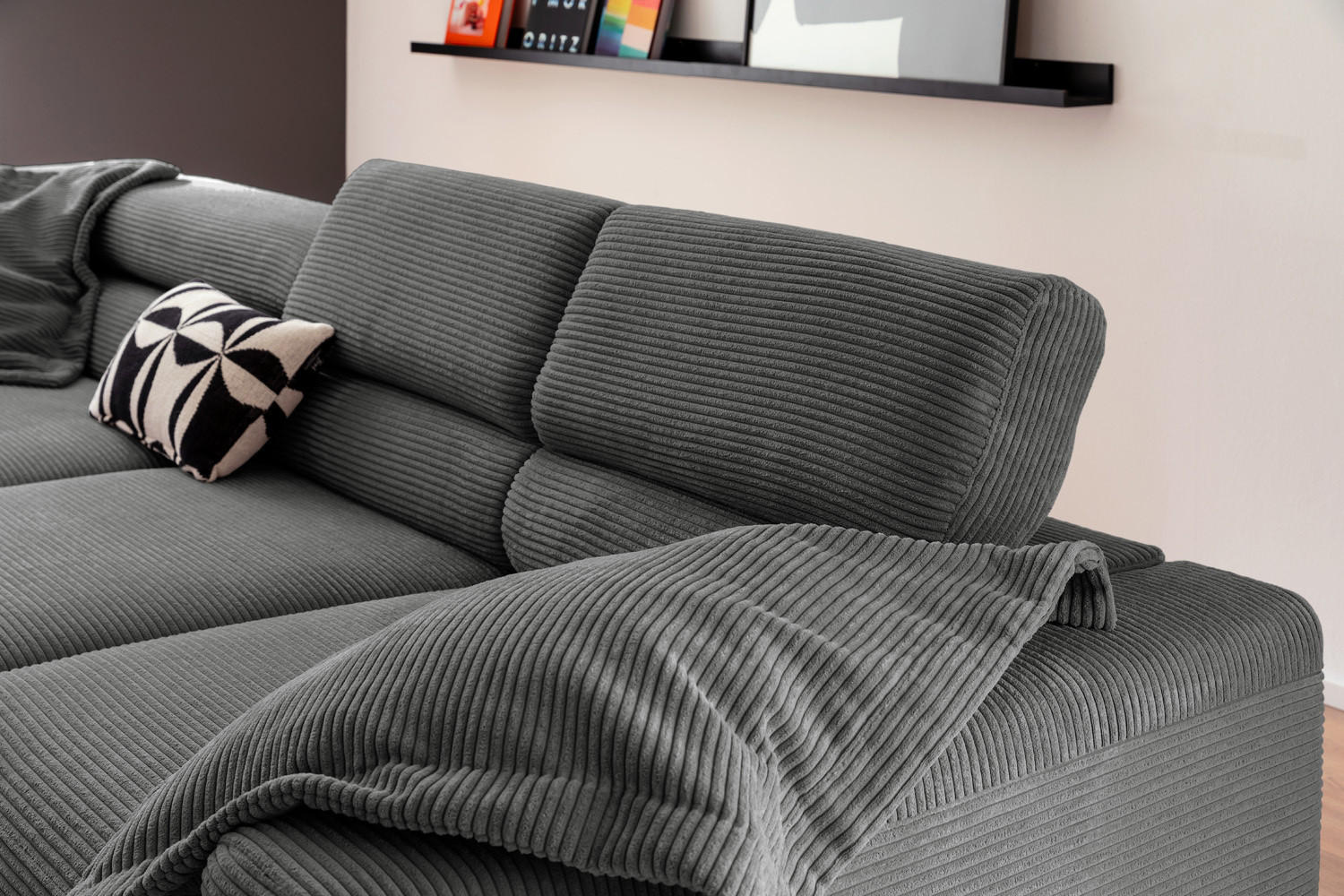 ECKSOFA MIT MOTORISCHEM SITZVORZUG DELIA Grau Cord - Schwarz/Grau, Textil/Metall (312/219cm) - KAWOLA