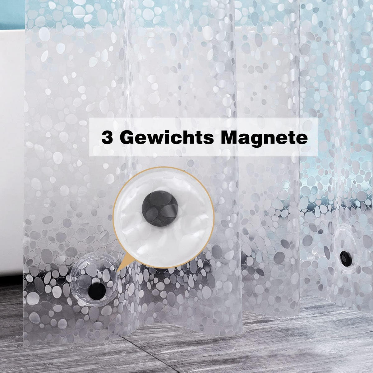 DUSCHVORHANG PEVA mit Magnet beschwert wasserdicht transparent waschbar schimmelresistent antibakteriell mit Ringen - Transparent, Kunststoff (1/1cm) - MCBOSON