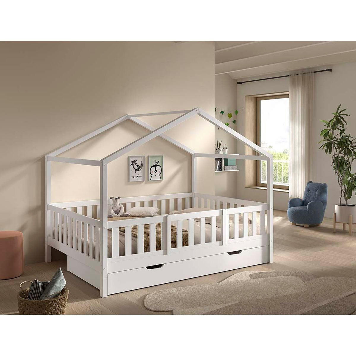 HAUSBETT Kapua 140x200 Bettschublade Rausfallschutz Kiefer massiv weiß - Weiß, Holz (140/200cm) - 58aufmkessel