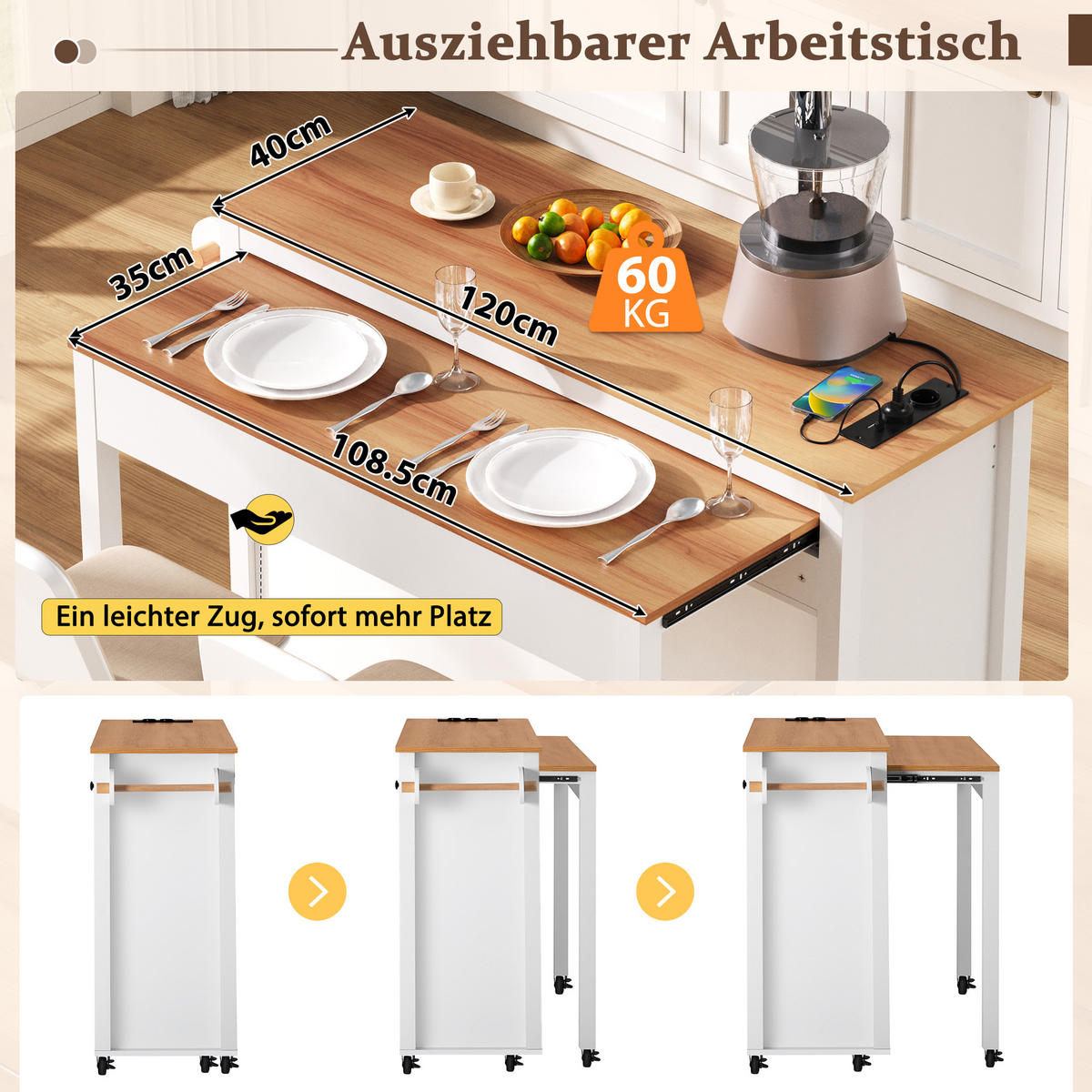 KÜCHENINSEL, ausziehbar, Steckdose+Mülleimer, weiß - Weiß, Holzwerkstoff (46/22/97.99cm) - Vallsero