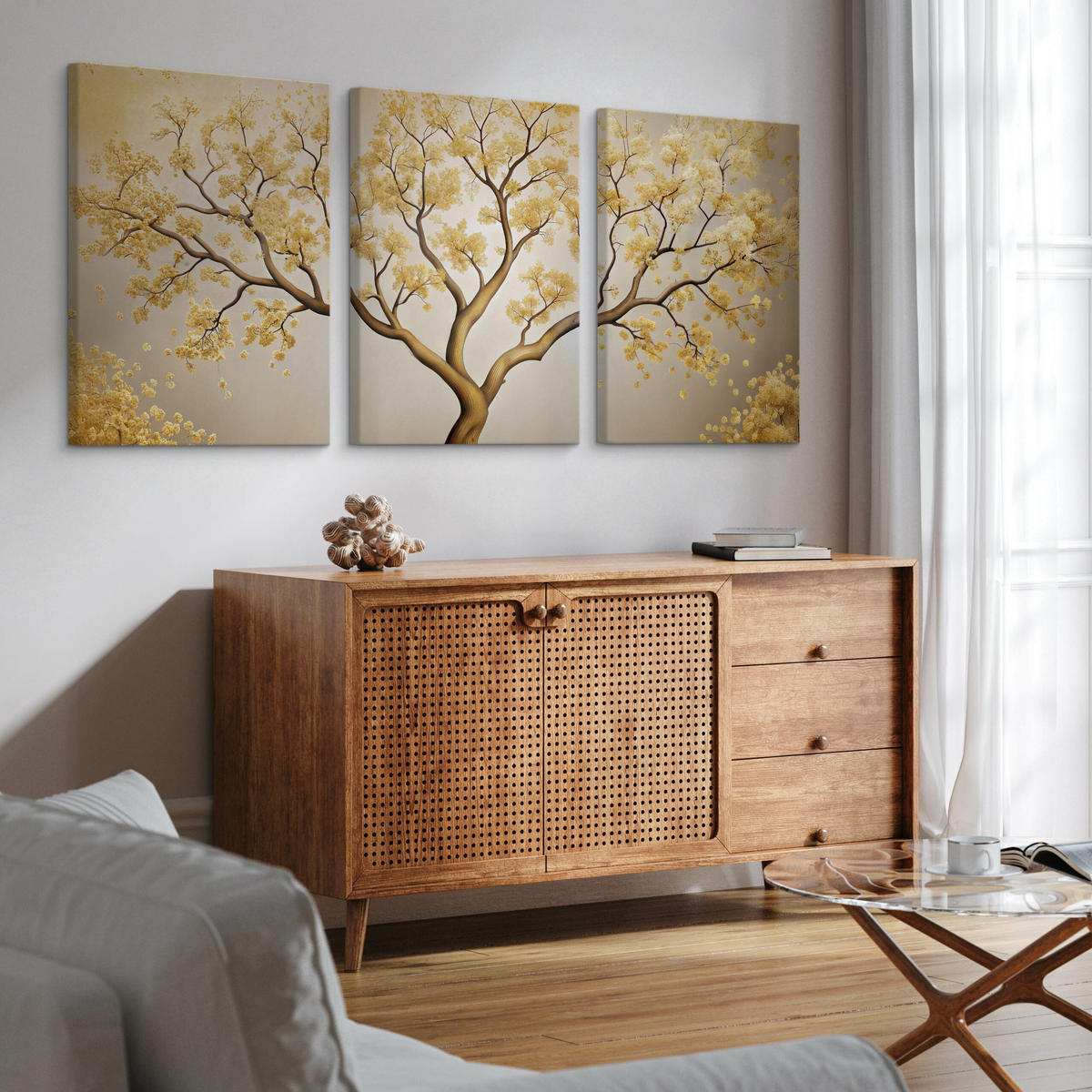 LEINWANDBILDER 3-es Set Baum Blumen - Beige/Weiß, Textil (90/40cm) - Muralo