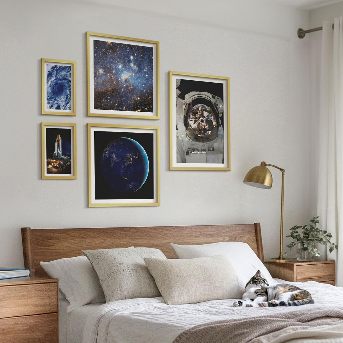 BILDER SET 5er Set - 50x50 cm & 20x30 cm & 40x60 cm Goldrahmen - Weltraum Erde Astronaut Rakete - Goldfarben, Kunststoff (40/60cm) - TULUP
