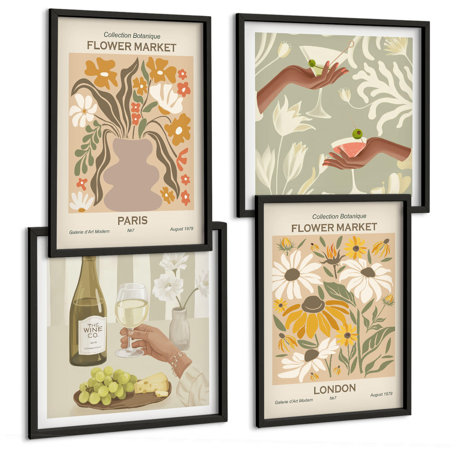BILDER SET 4er Set - 50x50 cm & 40x60 cm Schwarzer Rahmen - Blumenmuster aus europäischen Städten - Schwarz, Kunststoff (50/50cm) - TULUP
