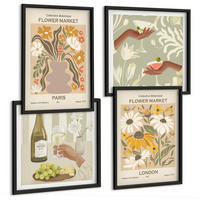 BILDER SET 4er Set - 50x50 cm & 40x60 cm Schwarzer Rahmen - Blumenmuster aus europäischen Städten - Schwarz, Kunststoff (50/50cm) - TULUP