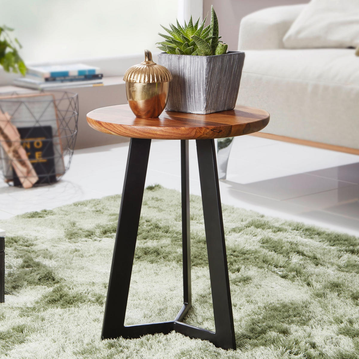 BEISTELLTISCH – Massivholz Metall 35x37x35 cm Industrial - Schwarz/Braun, Holz/Metall (35/35/37cm) - KADIMA DESIGN
