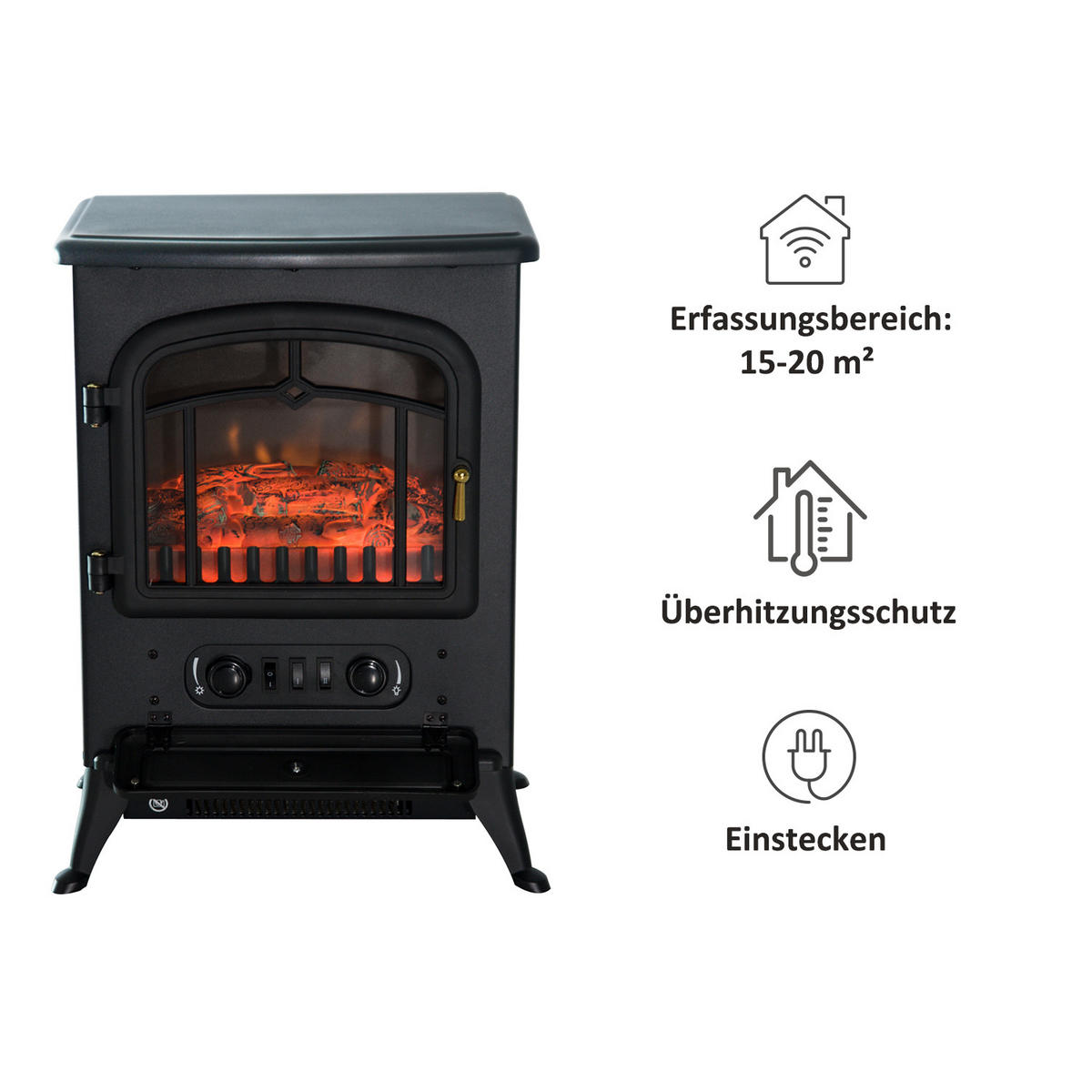 ELEKTROKAMIN Kaminofen Flammeneffekt Überhitzungs-Schutz Schwarz 45x28x54 cm - Schwarz, Metall (28/54/45cm) - HOMCOM